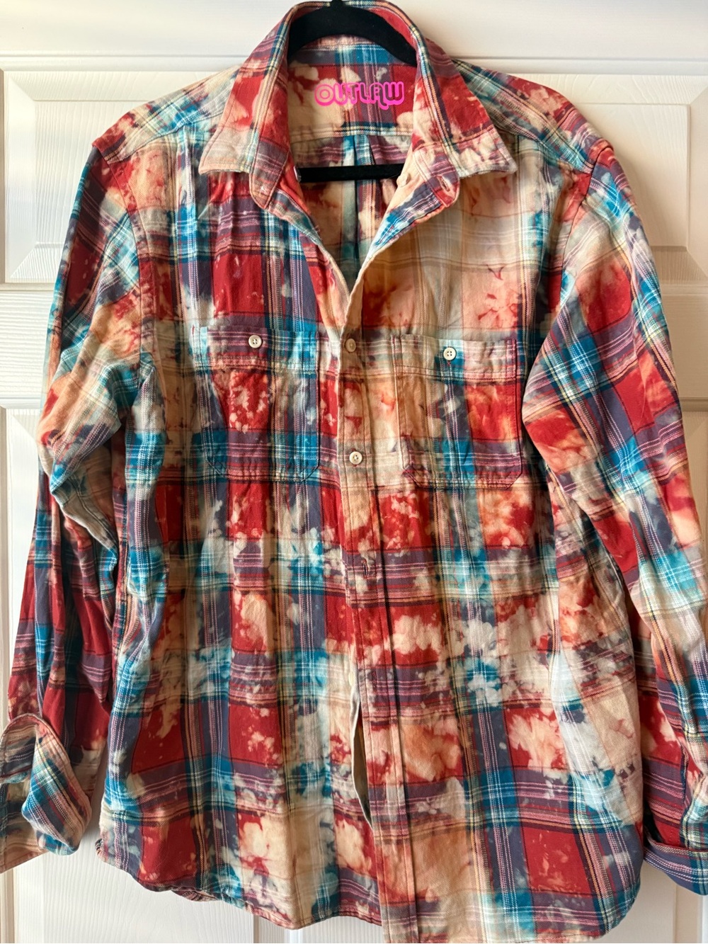 Women’s/ men’s Outlaw Plaid Tie-Dye Long-flannel Shirt - Red, Blue, Cream